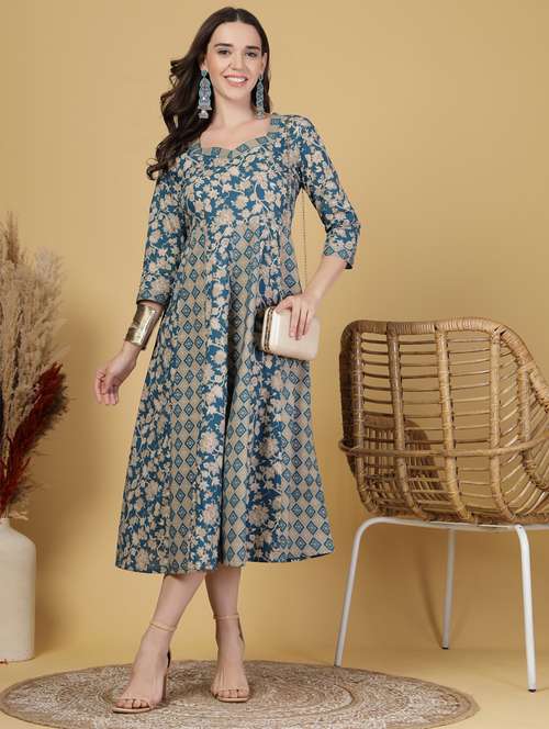 women printed three quarter sleeve anarkali dress - 22217644 -  Standard Image - 0