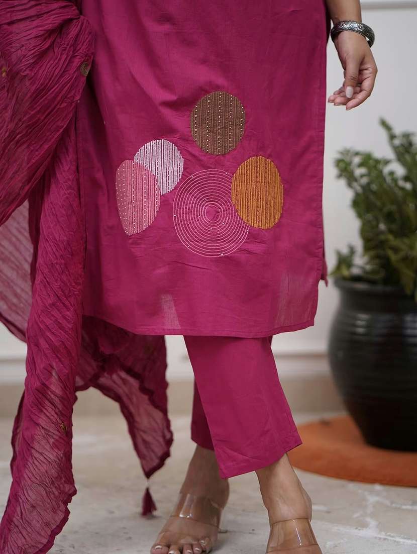 women solid with work three quarter sleeve kurta pant with dupatta set - 22217786 -  Standard Image - 3