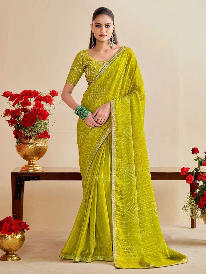 lime chiffon printed saree with blouse