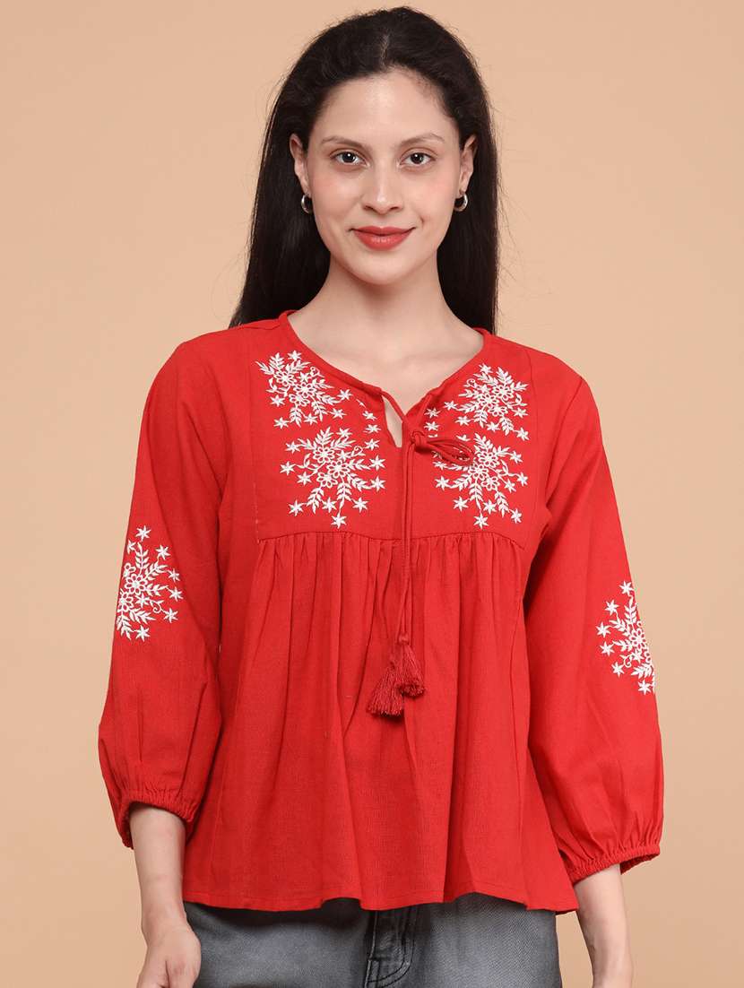 women embroidered three quarter sleeves regular top