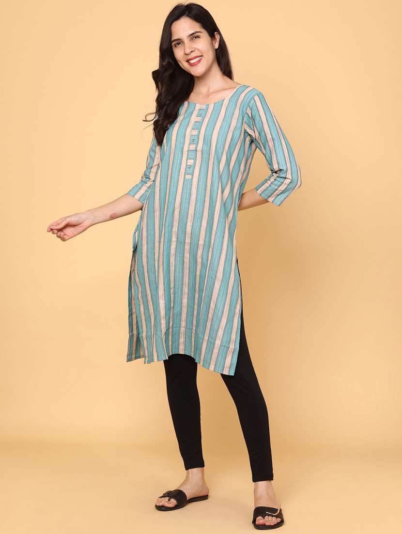women striped three quarter sleeve straight kurta