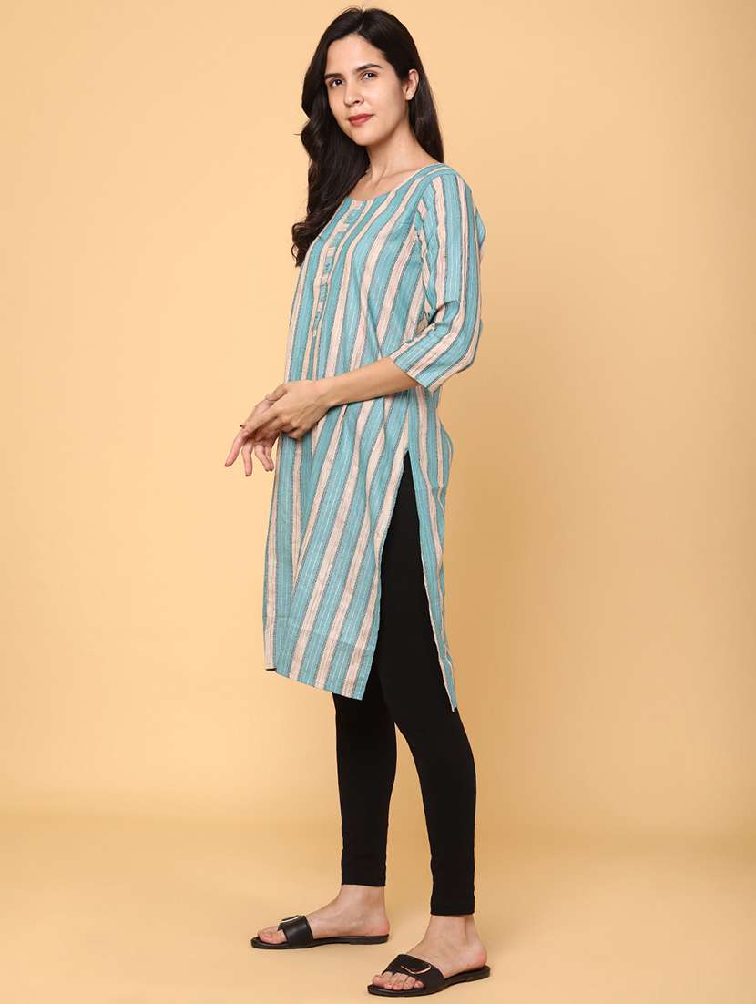 women striped three quarter sleeve straight kurta - 22218294 -  Standard Image - 3