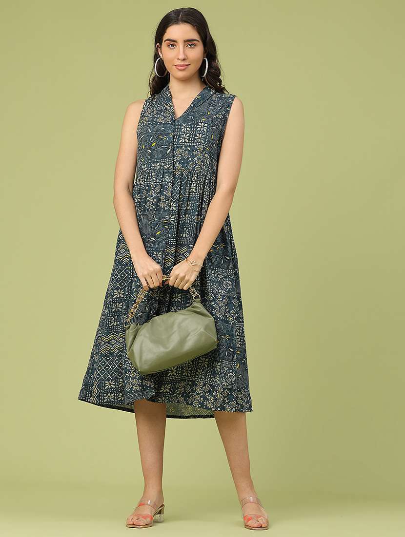 women printed sleeveless a-line ethnic dress