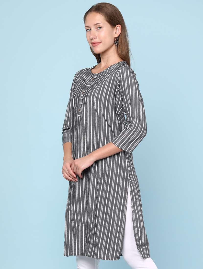 women striped three quarter sleeve straight kurta - 22218326 -  Standard Image - 3