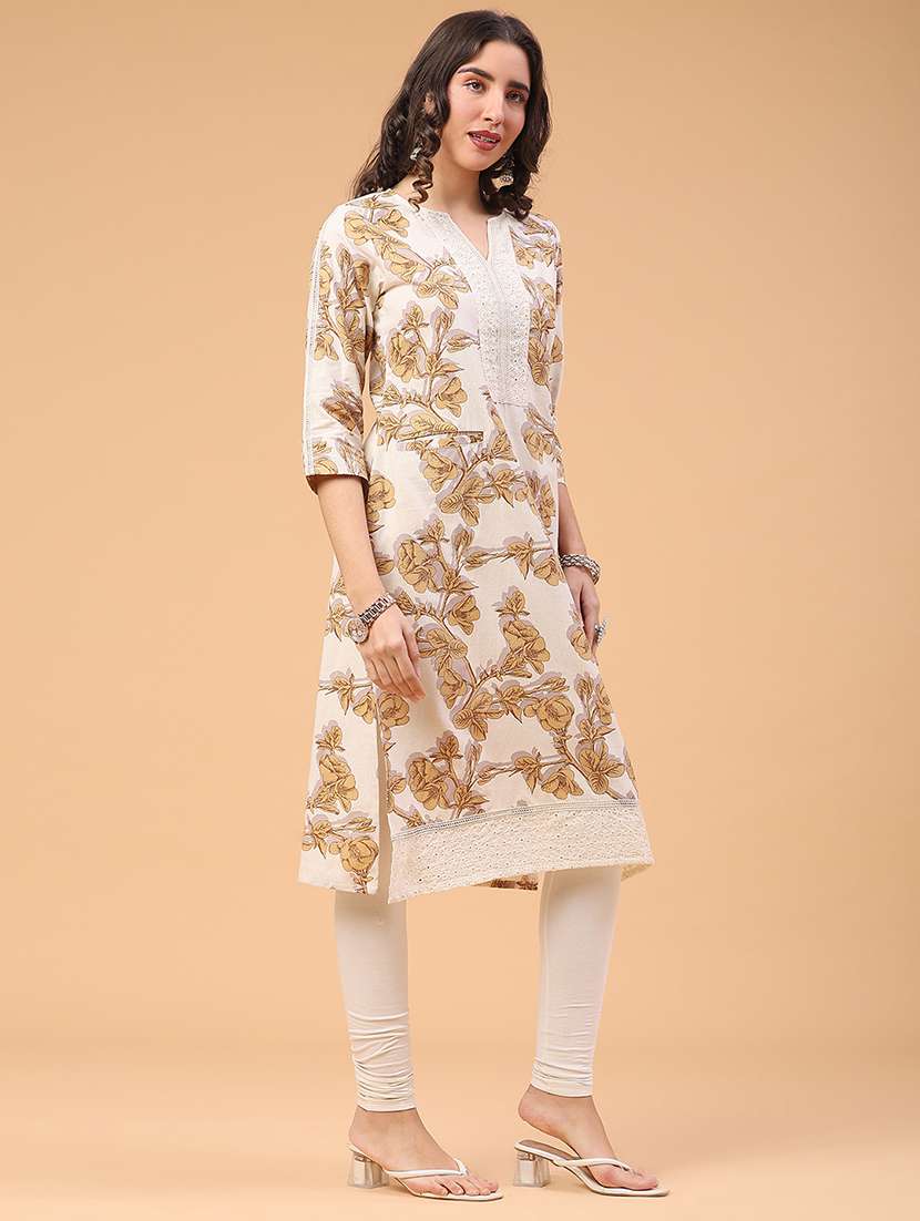  women printed three quarter sleeve straight kurta - 22218333 -  Standard Image - 3