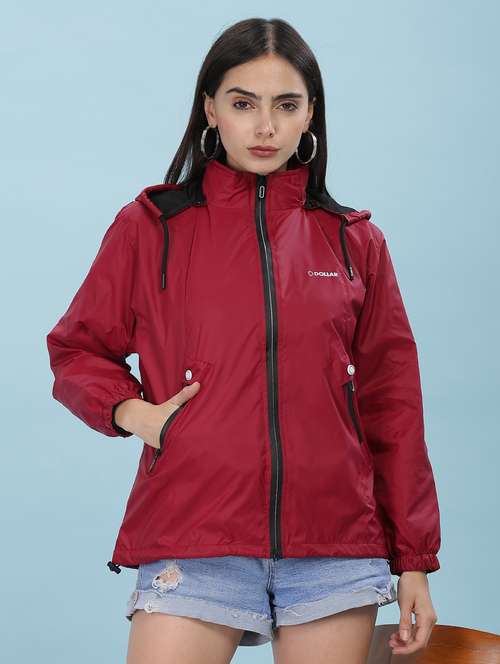 women solid long sleeve hooded windcheater jacket - 22218411 -  Standard Image - 0