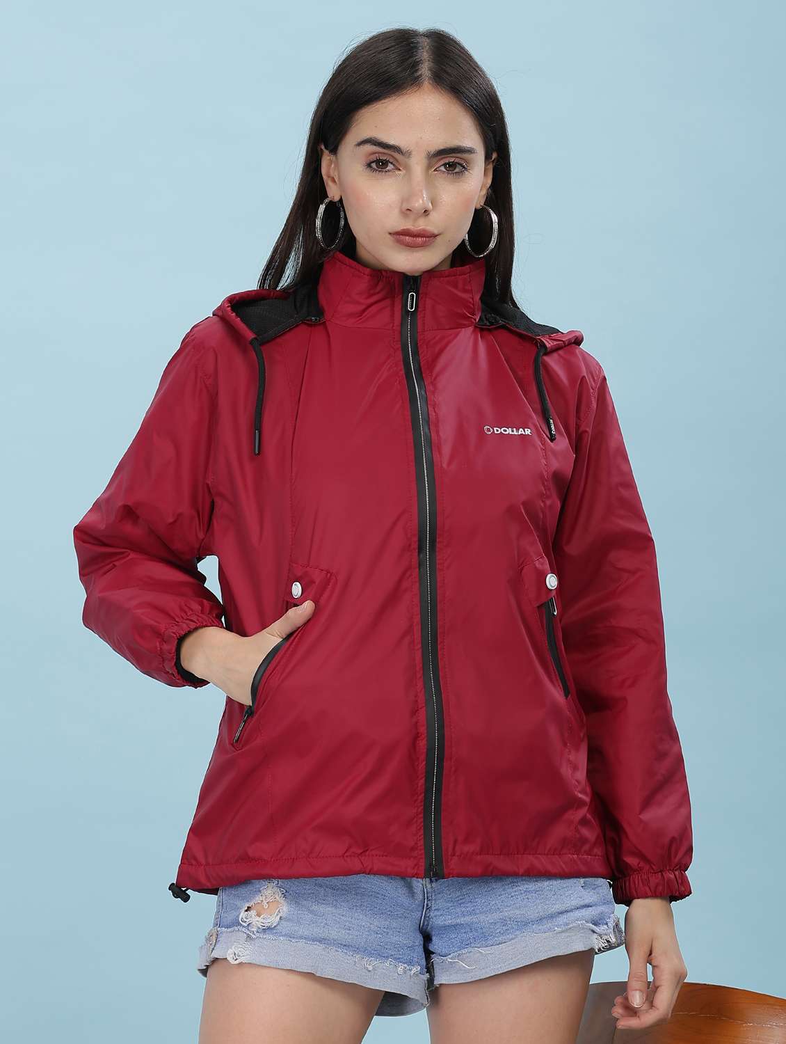 women solid long sleeve hooded windcheater jacket