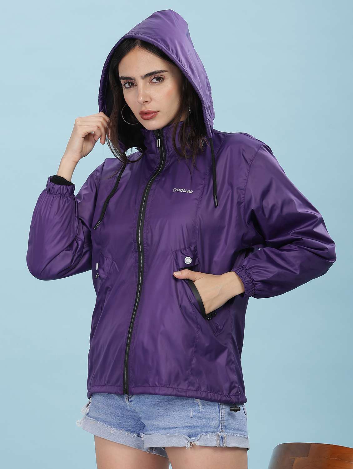 women solid long sleeve hooded windcheater jacket