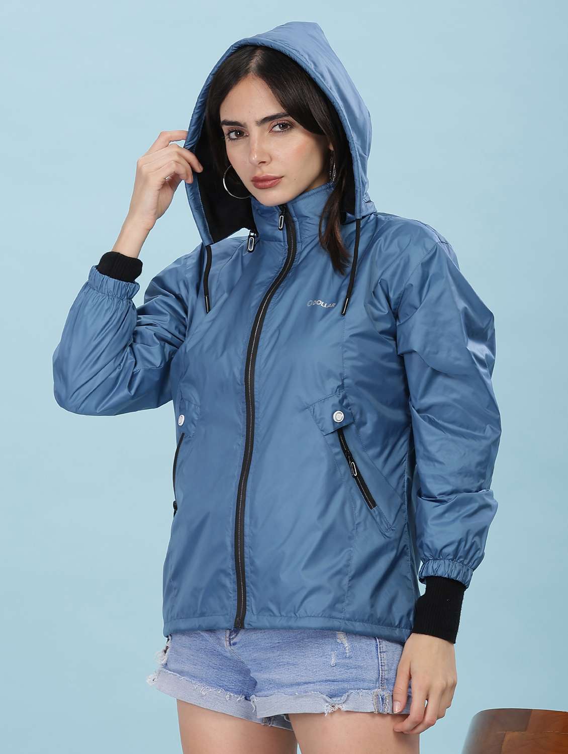 women solid long sleeve hooded windcheater jacket