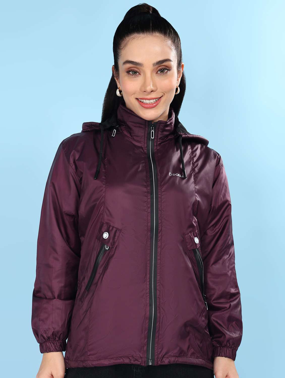 women solid long sleeve hooded windcheater jacket