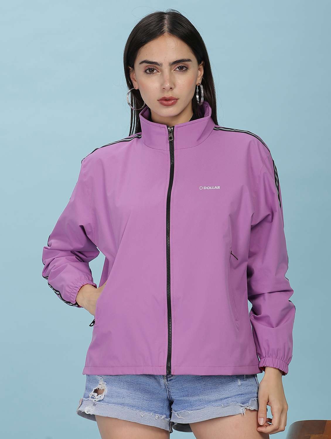 women solid long sleeve windcheater jacket