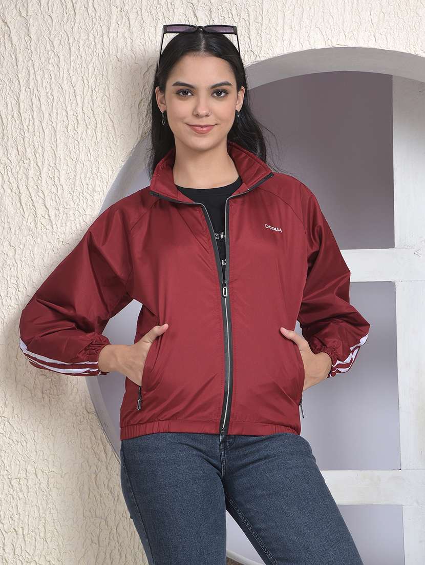 women solid long sleeve windcheater jacket