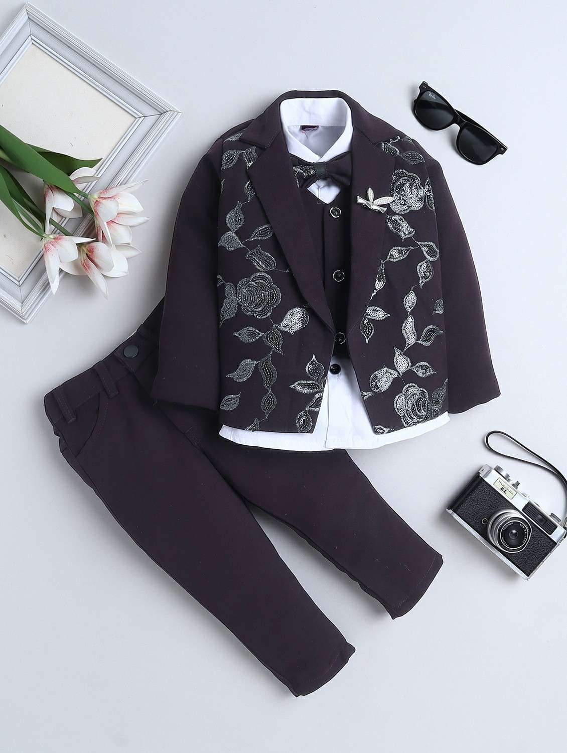 boys embroidered blazer and trouser with shirt set