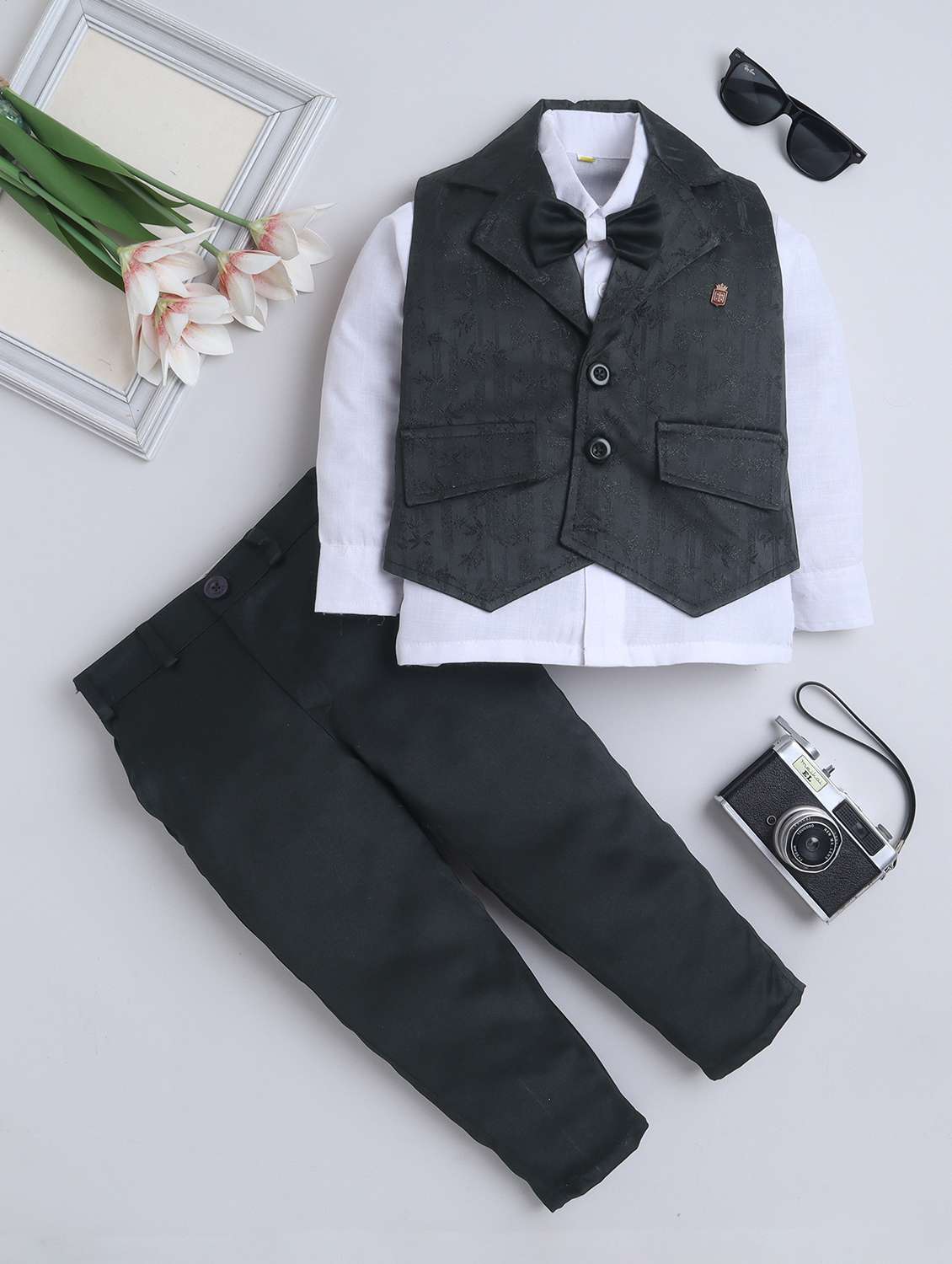 boys solid shirt and trouser with wasitcoat set - 22218574 -  Zoom Image - 0