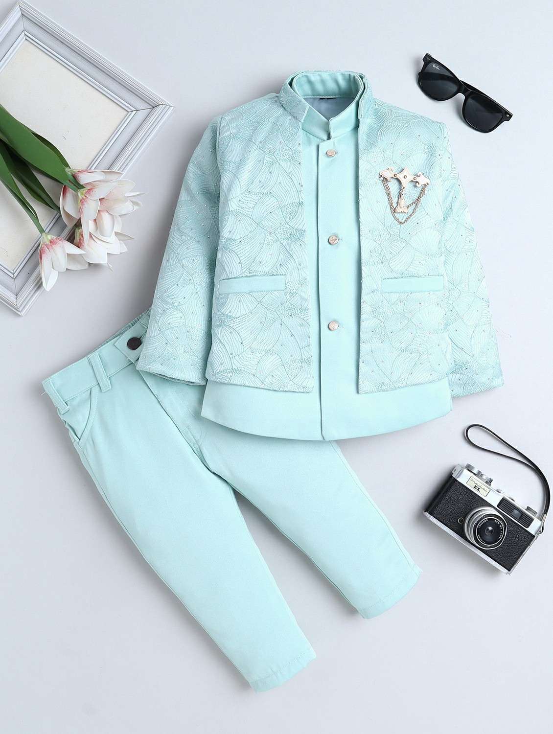 boys embroidered long sleeve sherwani set