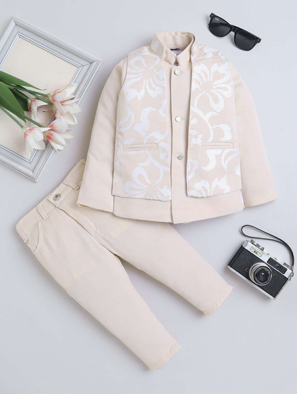 boys embellished long sleeve sherwani set