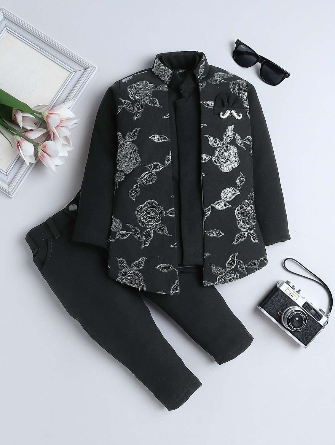 boys embroidered long sleeve sherwani set