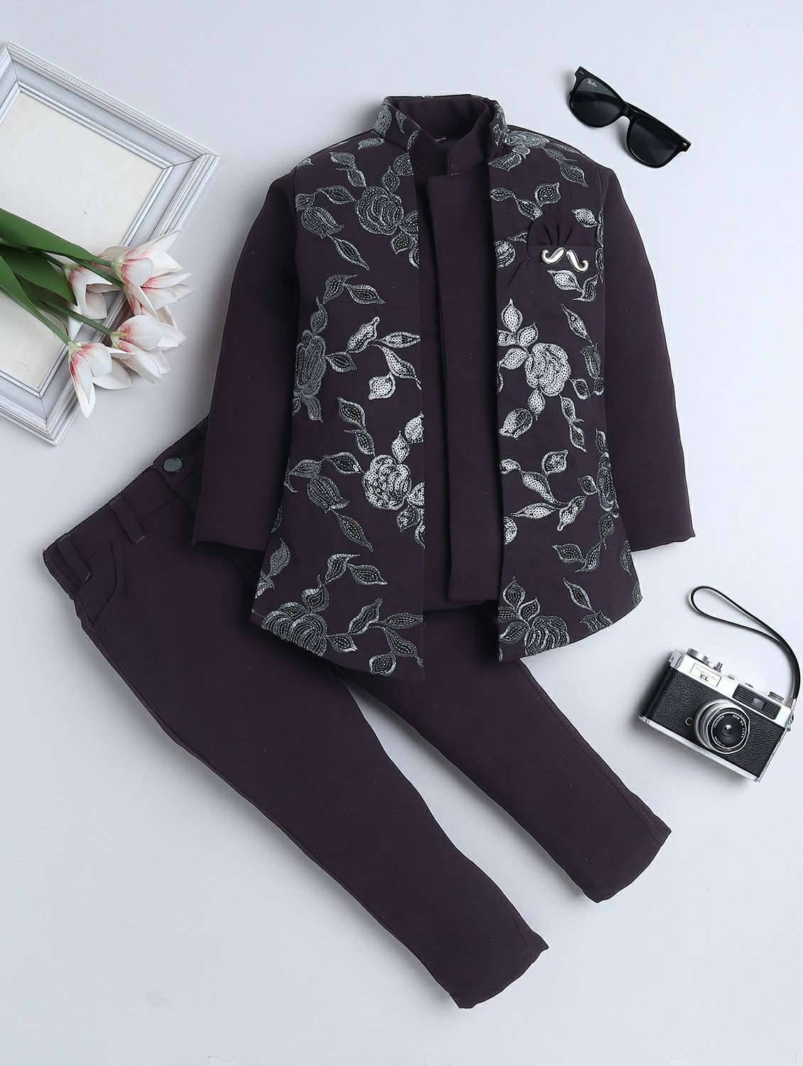 boys embroidered long sleeve sherwani set