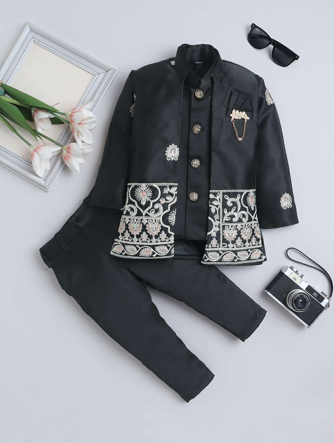 boys embroidered long sleeve sherwani set