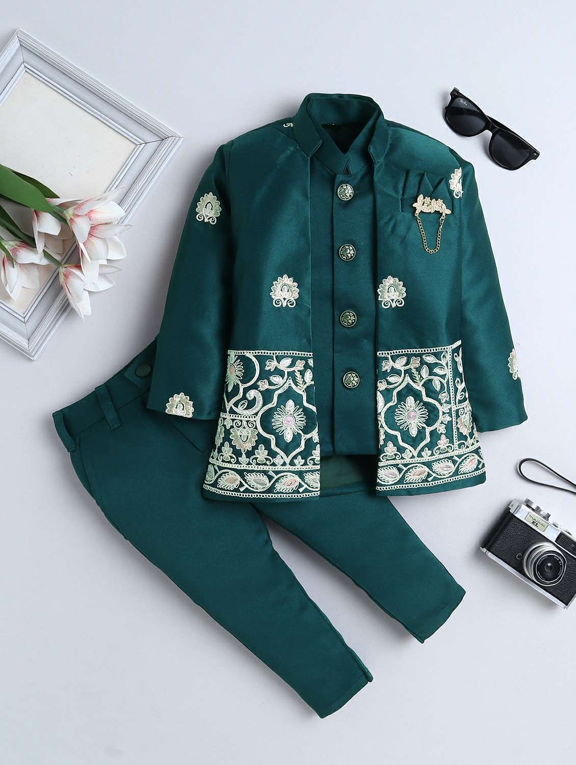 boys embroidered long sleeve sherwani set