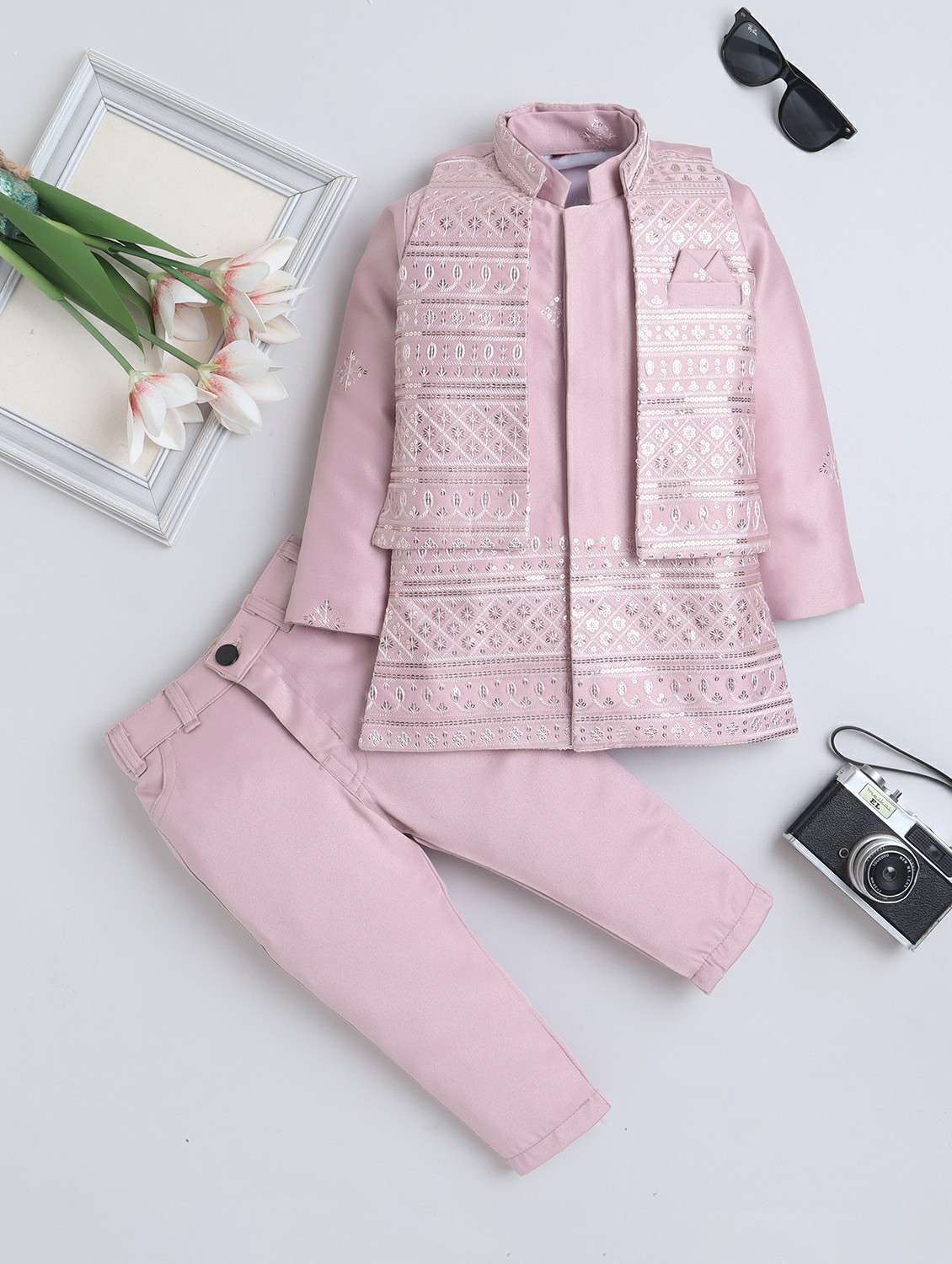 boys embroidered long sleeve sherwani set