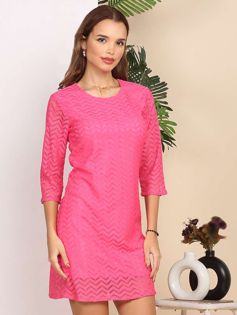 women solid three quarter sleeve lace a-line dress - 22218761 -  Standard Image - 3