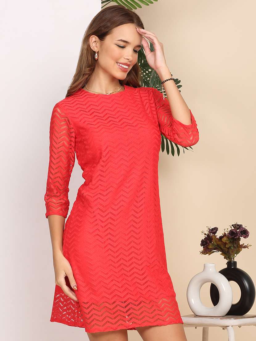women solid three quarter sleeve lace a-line dress - 22218762 -  Standard Image - 3