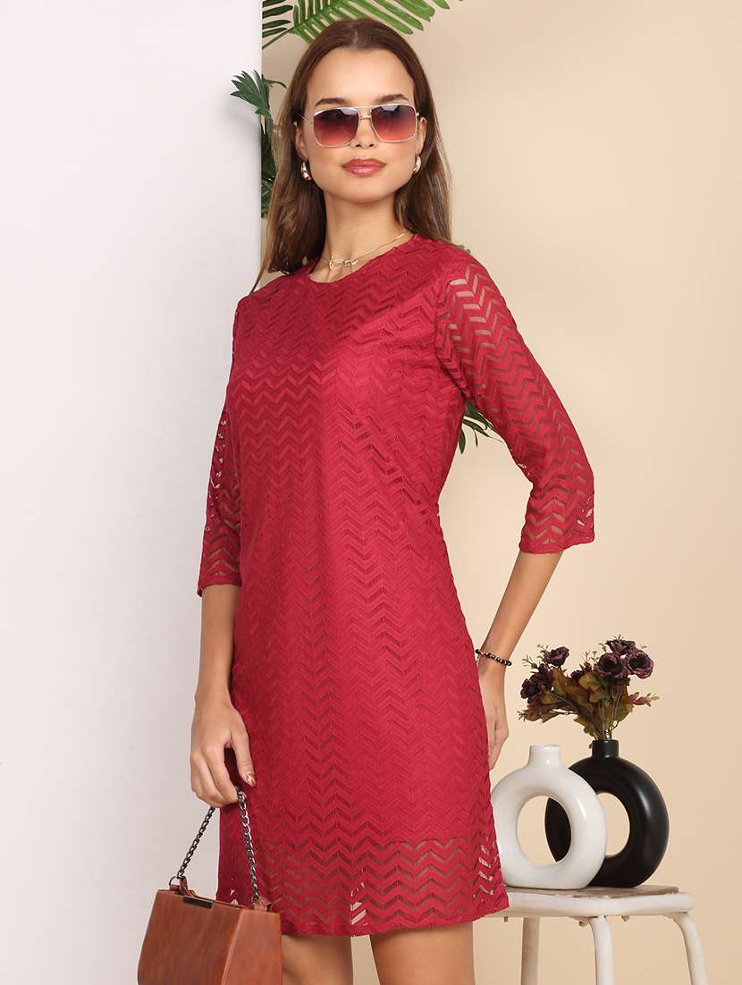women solid three quarter sleeve lace a-line dress