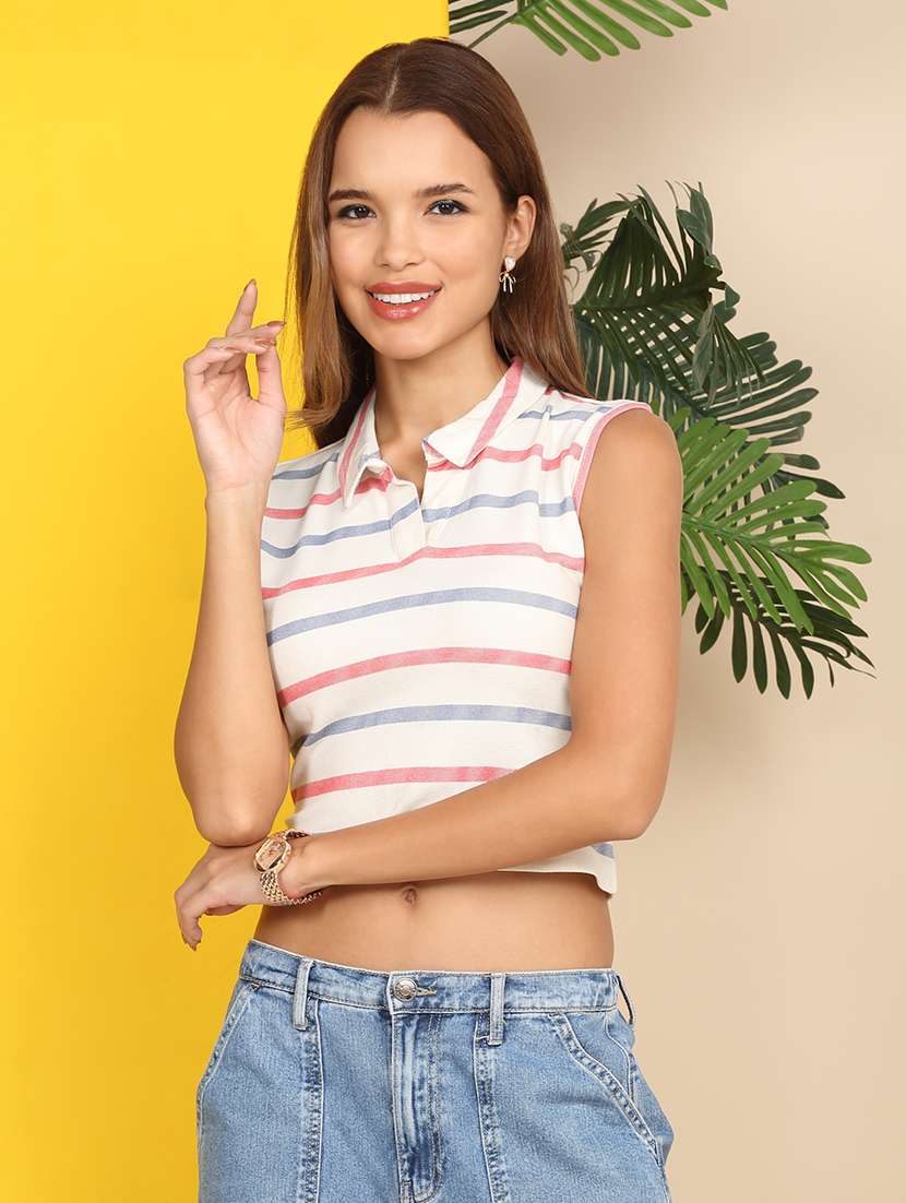 women printed sleeveless collared crop top - 22218777 -  Standard Image - 5