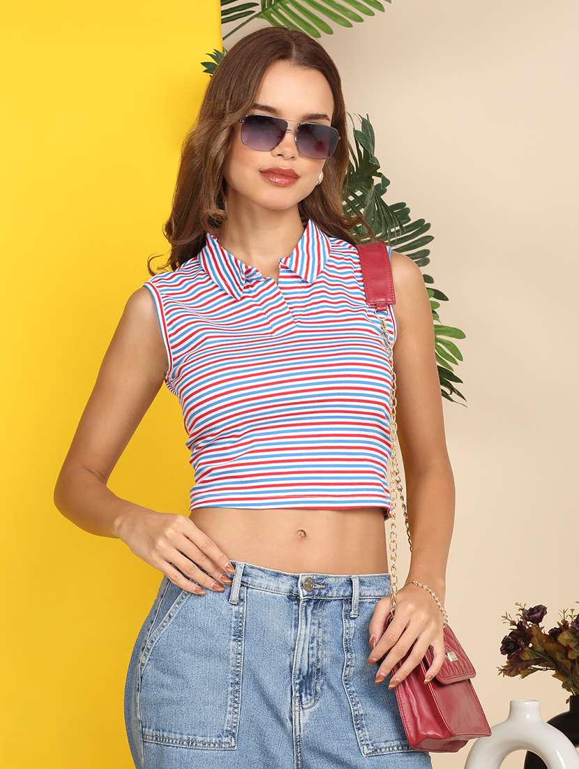women printed sleeveless polo crop t-shirt
