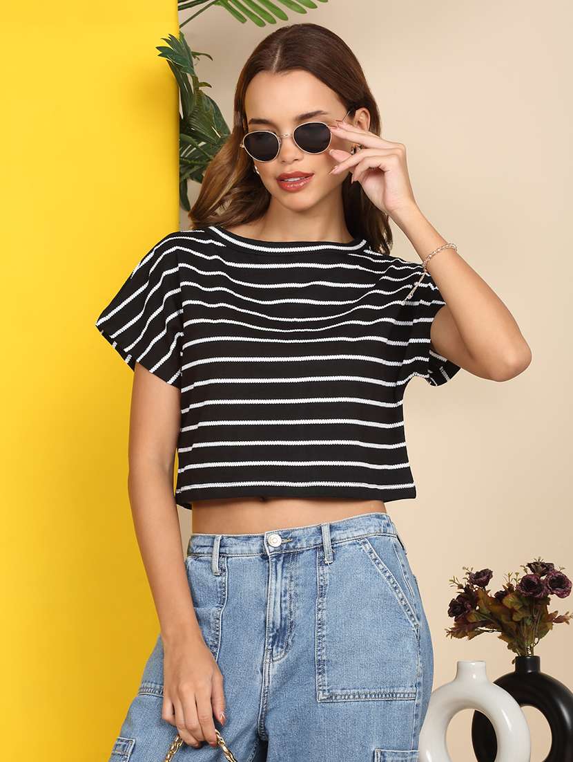 women striped short sleeve polo crop t-shirt