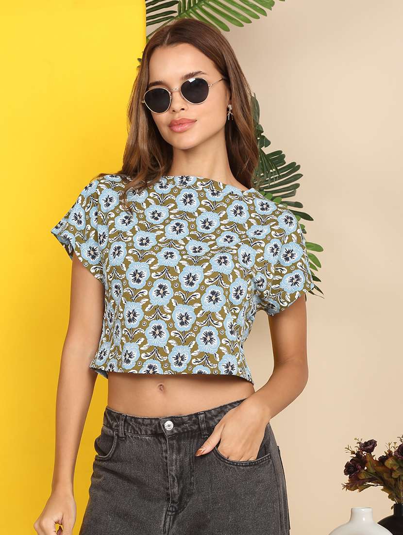 women printed short sleeve polo crop t-shirt