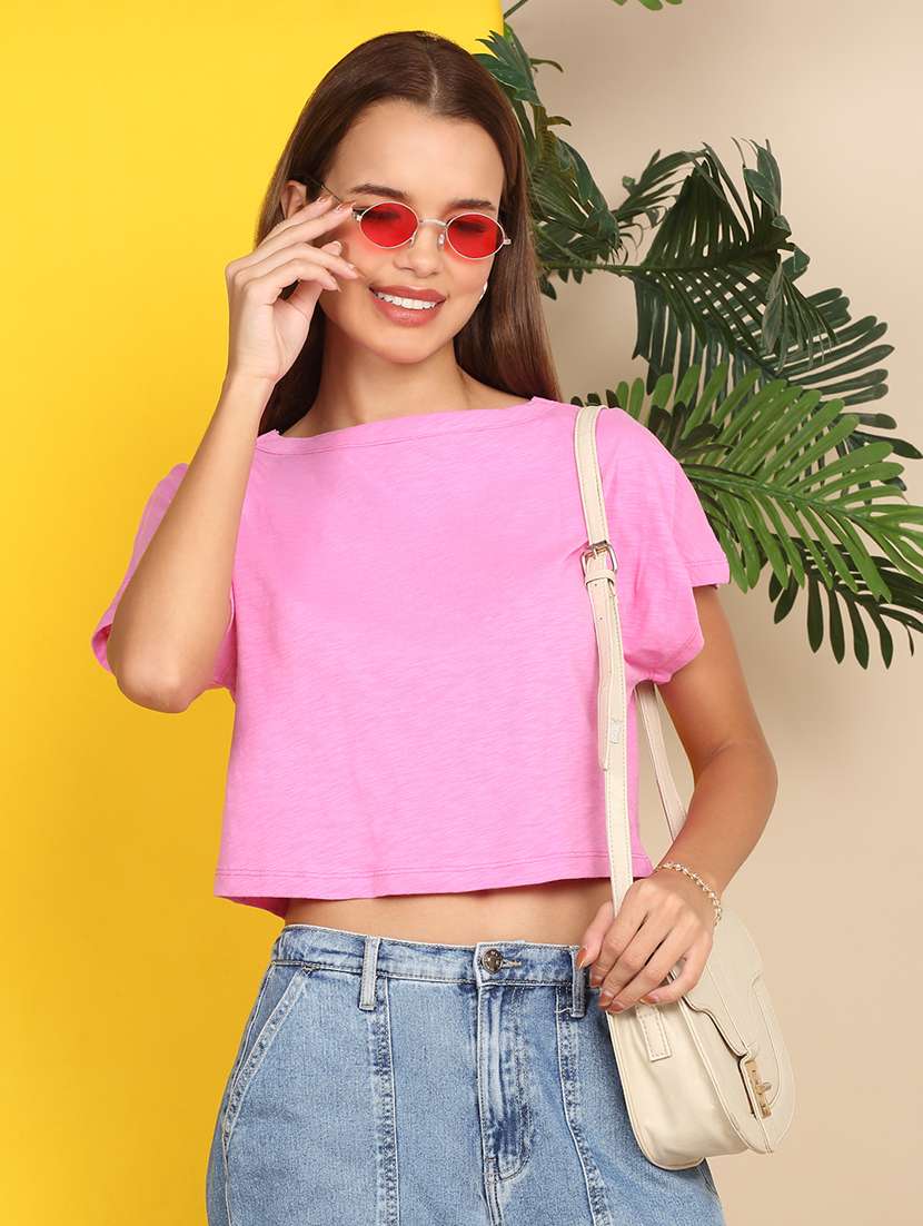 women solid short sleeve crop t-shirt