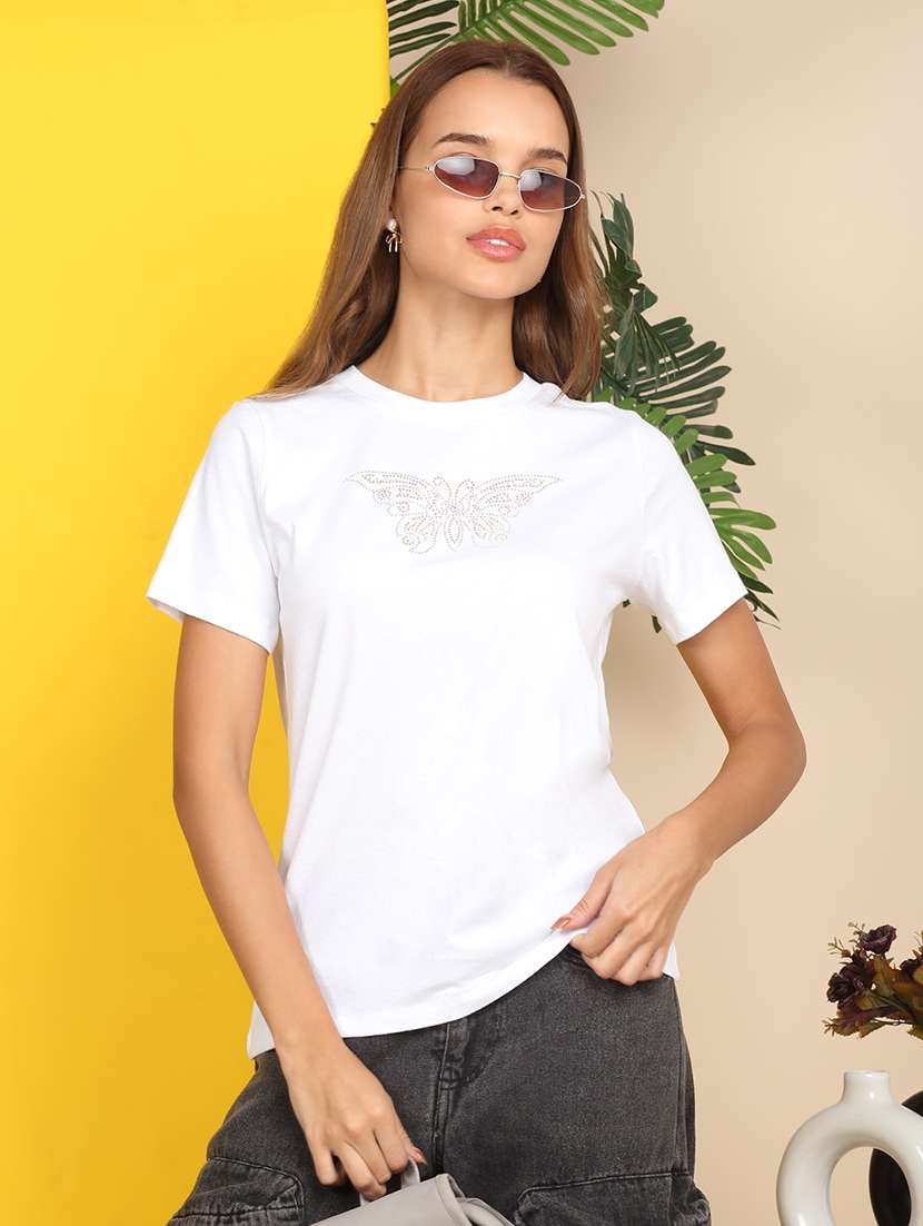 women embellished short sleeve regular t-shirt