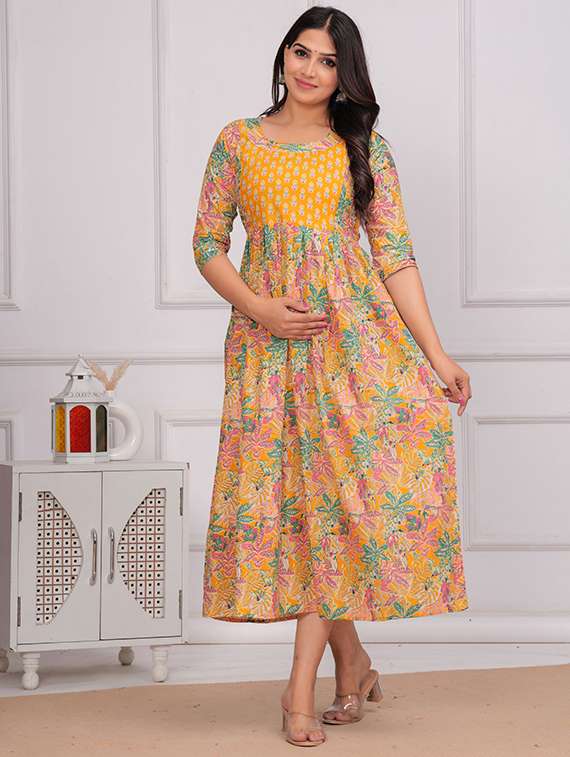 women floral printed three quarter sleeve maternity wear dress