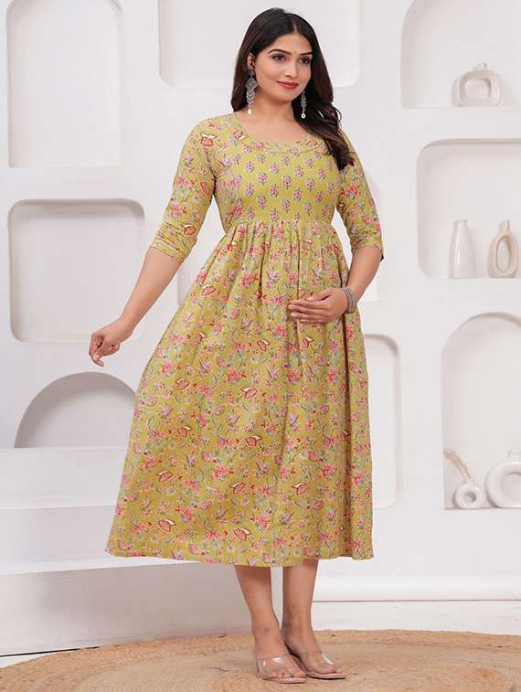women floral printed three quarter sleeve maternity wear dress