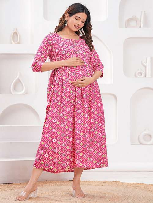 women printed three quarter sleeve maternity wear dress - 22218938 -  Standard Image - 0