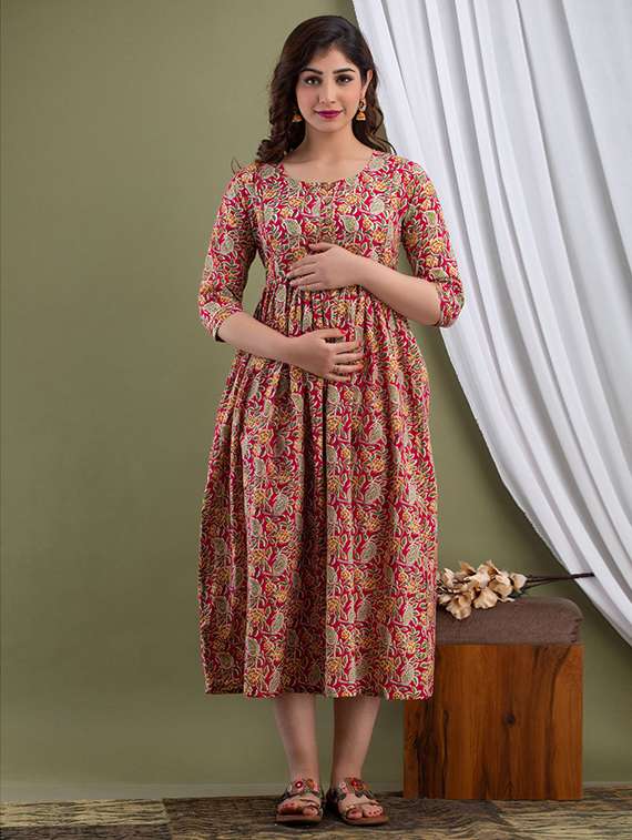 women floral printed three quarter sleeve maternity wear dress