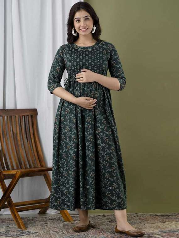 women printed three quarter sleeve maternity wear dress