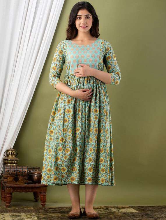 women floral printed three quarter sleeve maternity wear dress