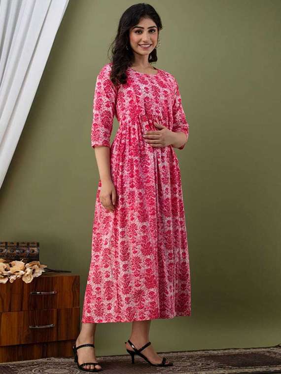 women printed three quarter sleeve maternity wear dress