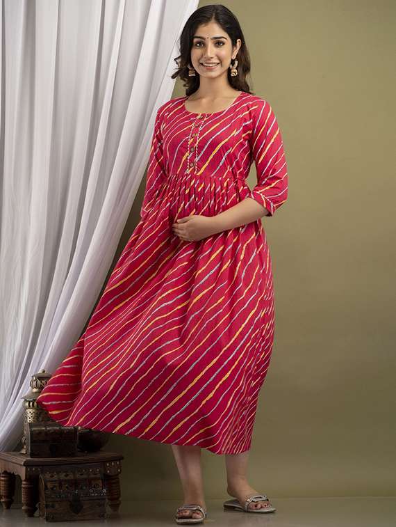 women printed three quarter sleeve maternity wear dress