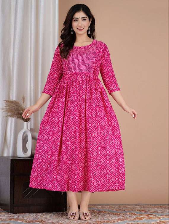 women bandhani printed three quarter sleeve maternity wear dress