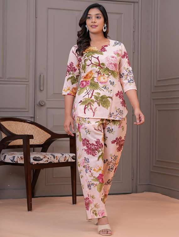 women printed three quarter sleeve co-ord set