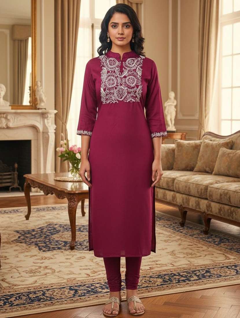 women solid with work three quarter sleeve straight kurta