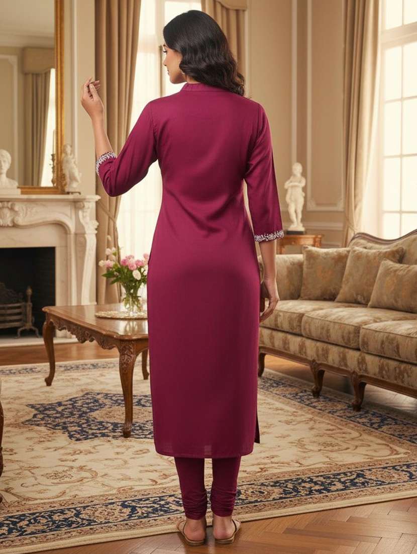 women solid with work three quarter sleeve straight kurta - 22219095 -  Standard Image - 3