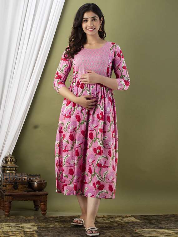 women floral printed three quarter sleeve maternity wear dress