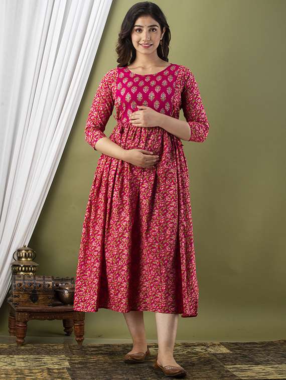 women printed three quarter sleeve maternity wear dress