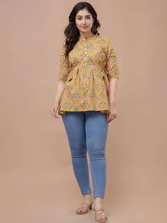 women printed three quarter sleeve a-line ethnic top