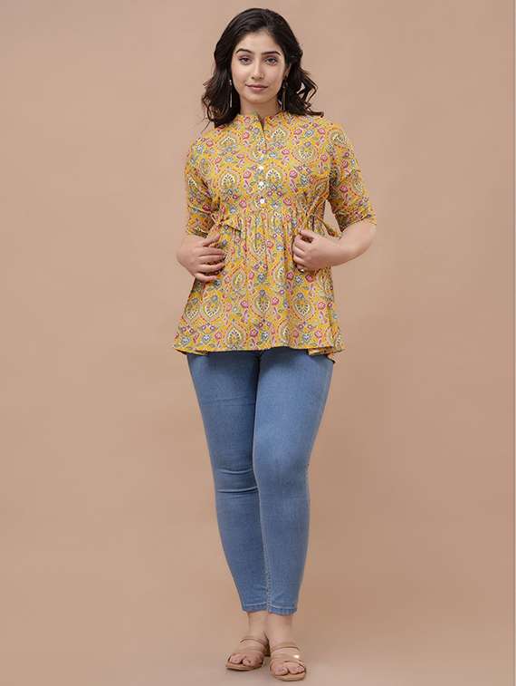 women printed three quarter sleeve a-line ethnic top - 22219130 -  Standard Image - 3